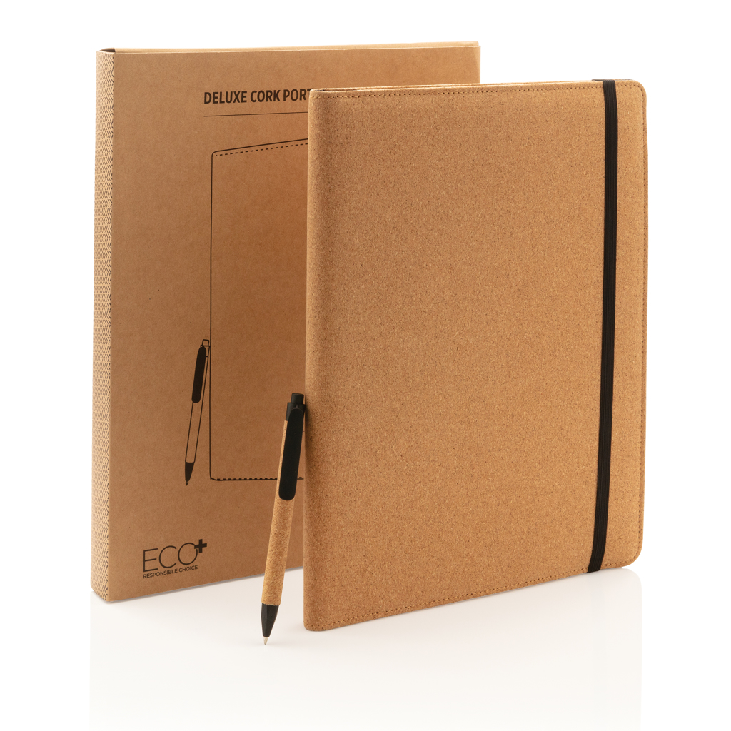 Kork A4 Portfolio-Set mit recyceltem Papier & Stift – braun