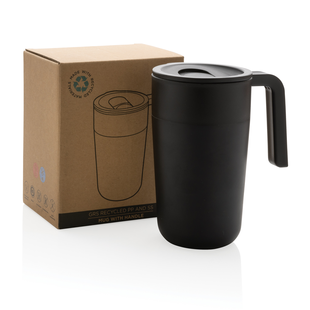 XD Collection GRS recycelter PP-Becher mit Griff 480 ml, Edelstahl, BPA-frei