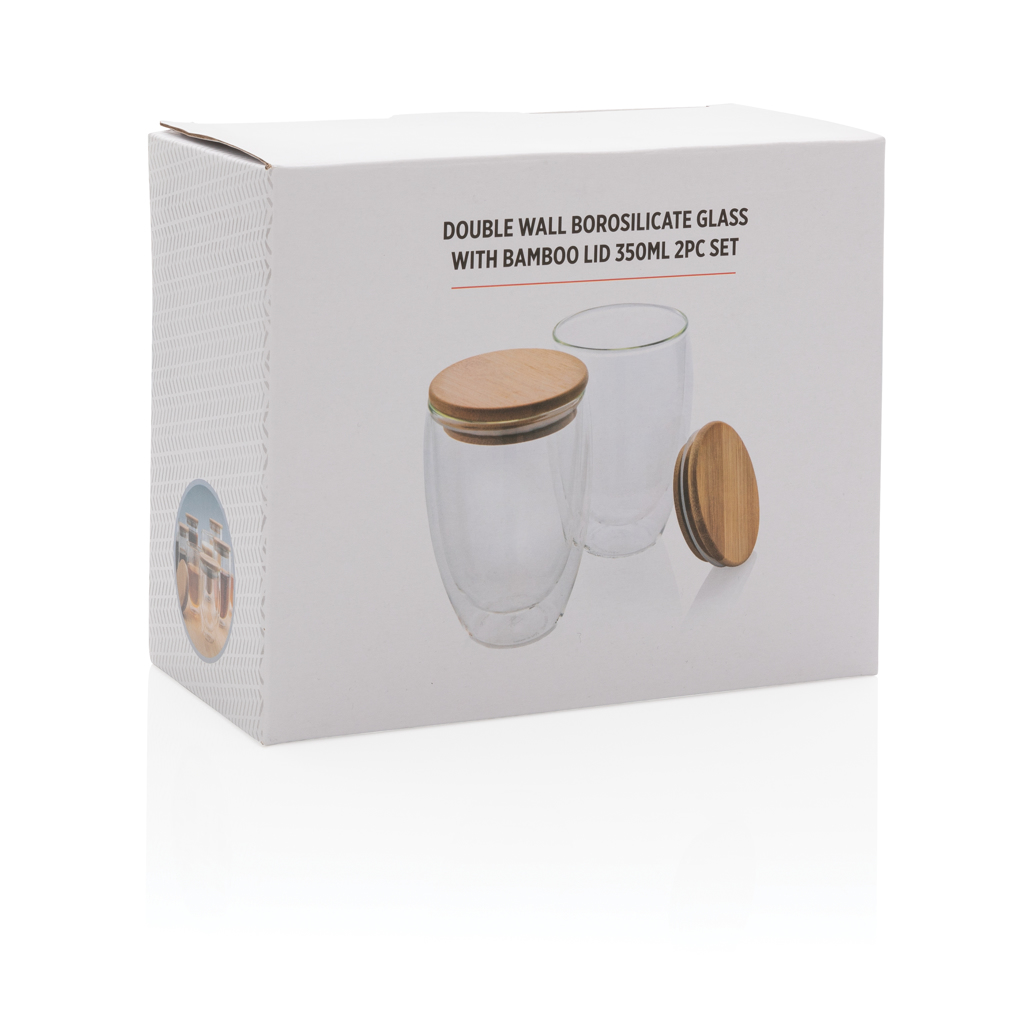 XD Collection Borosilikatglas-Set 350 ml mit Bambusdeckel, bedruckbar