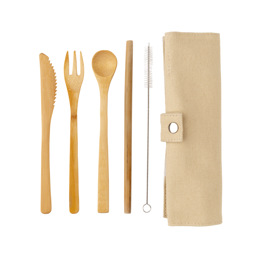 XD Collection Bambus Reisebesteck-Set 5-teilig mit Canvas-Tasche, bedruckbar XD Collection Bambus Reisebesteck-Set 5-teilig mit Canvas-Tasche, bedruckbar