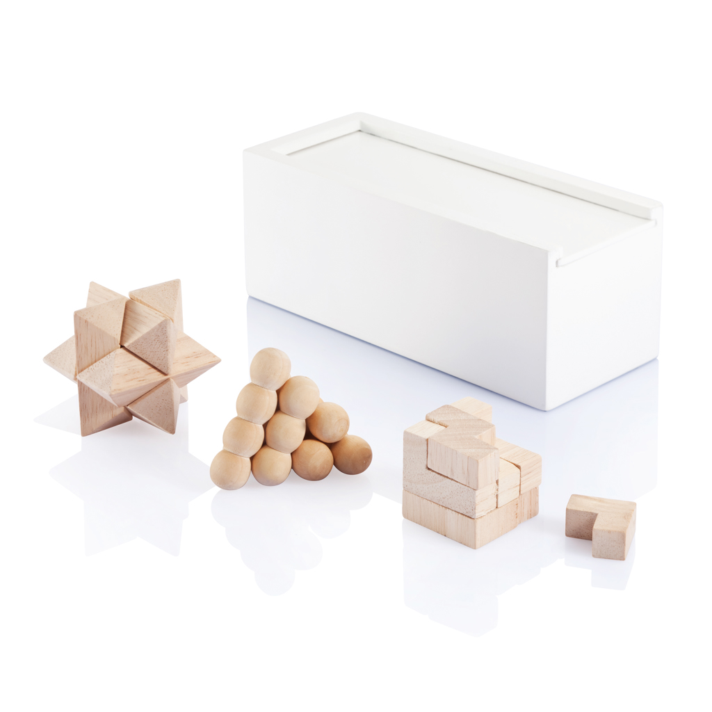 3-tlg. Denkspiel-Set in FSC-Kiefernholzkiste — bedruckbar mit Logo