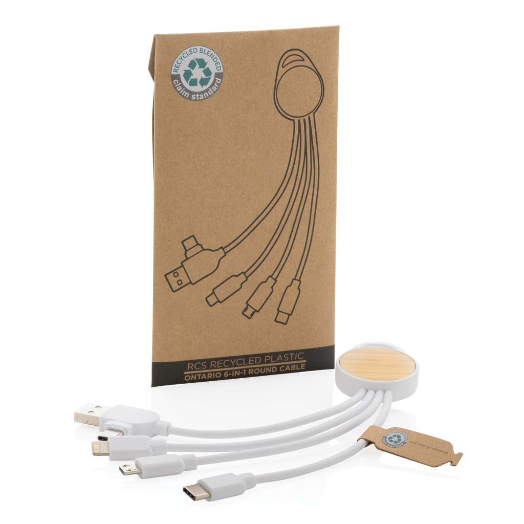 Ontario Multikabel 6-in-1 aus recyceltem Kunststoff – Ideales Eventgeschenk mit Logo