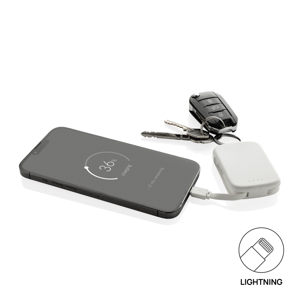 XD Collection Nexo Schlüsselanhänger-Powerbank 2.000 mAh mit Lightning- und USB-C-Kabel – bedruckbar