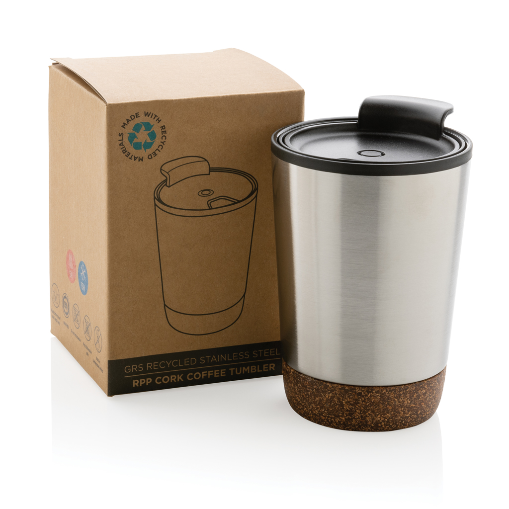 XD Collection RCS Edelstahl-Kaffeebecher mit Kork, 300 ml, mit Logo bedruckbar