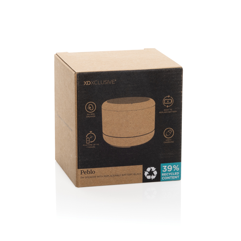 XD Xclusive Peblo 3W Bluetooth-Lautsprecher aus recyceltem ABS mit austauschbarem Akku, mit Logo bedruckbar