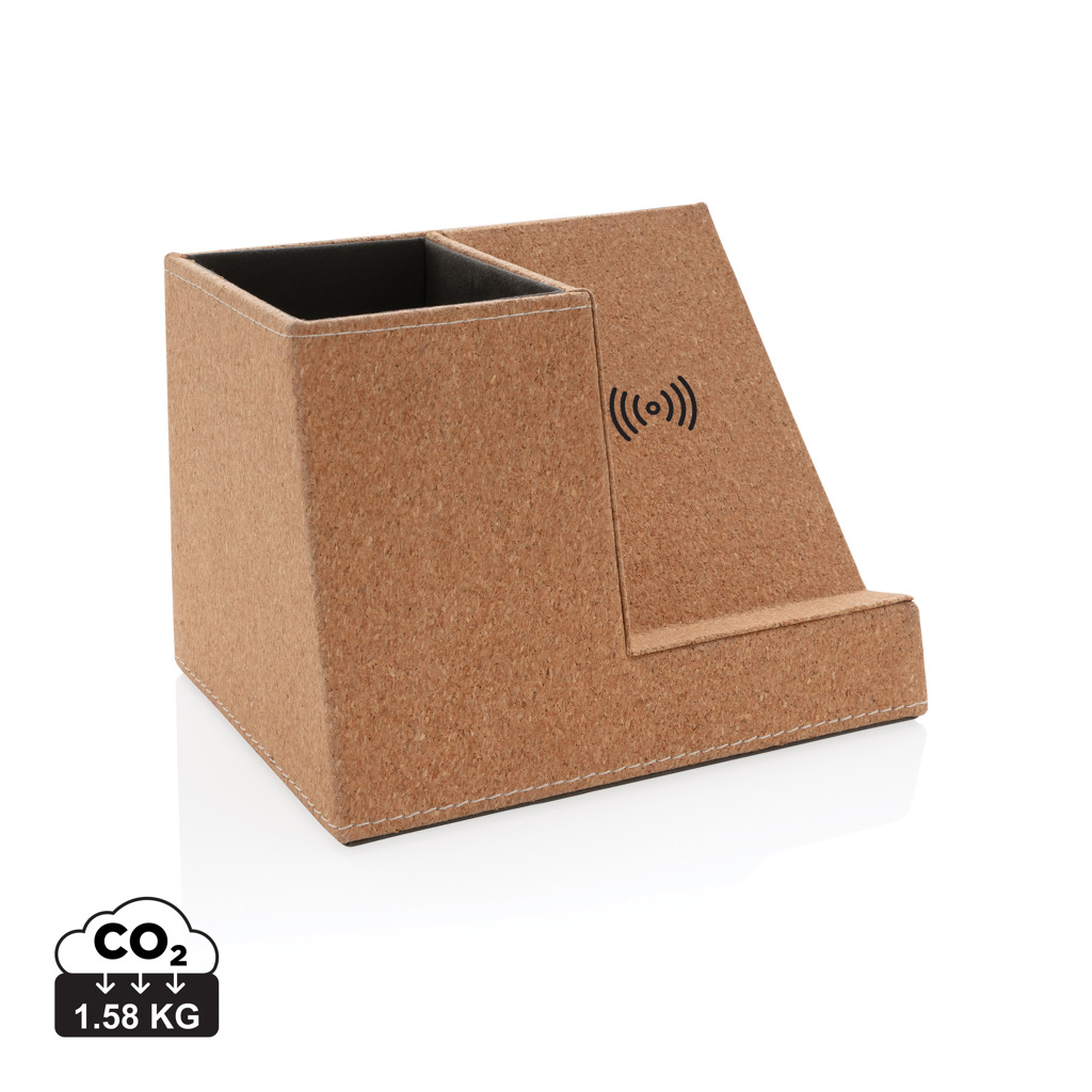 Kork Stiftehalter Qi 5W Charger, 2x USB-A, PVC-frei khaki