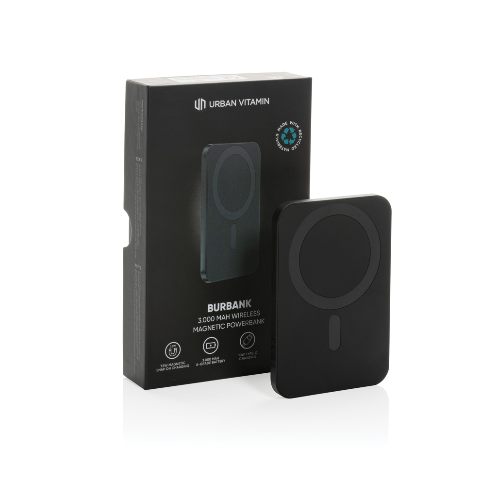 Urban Vitamin Burbank Magnet-Powerbank 3000mAh aus recyceltem Aluminium und ABS – bedruckbar als Werbegeschenk