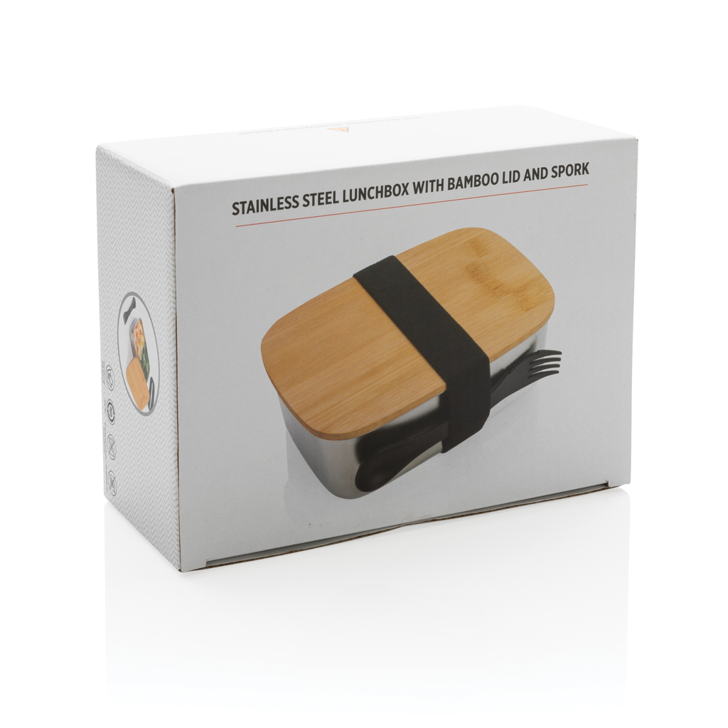 XD Collection Edelstahl-Lunchbox mit Bambus-Deckel und Göffel, 0,9 l – bedruckbar XD Collection Edelstahl-Lunchbox mit Bambus-Deckel und Göffel, 0,9 l – bedruckbar