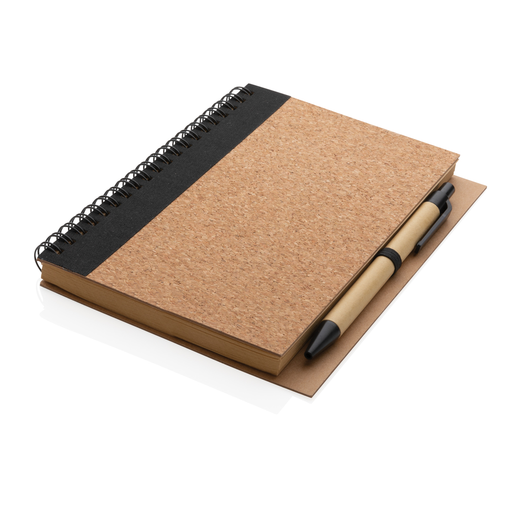 Recyclingpapier Kork-Spiral-Notizbuch mit Stift, schwarz
