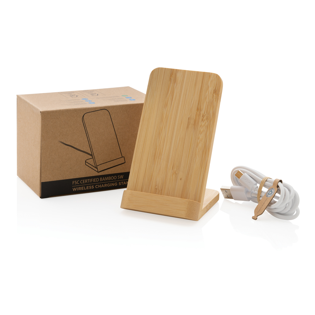 Bambus-Ladeständer 5W mit recyceltem Kabel - Ideales Werbegeschenk für Events