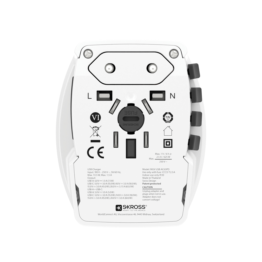 SKROSS 65W Reiseadapter USB‑C PD + USB, Kabel, weiß