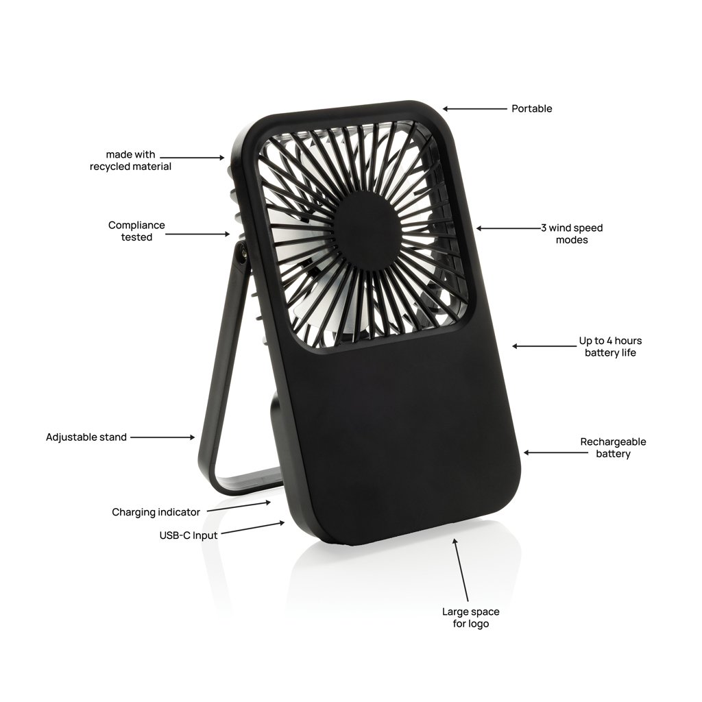 Aervina Tischventilator mit Akku, USB-C, 58% recyceltes ABS, mit Logo bedruckbar (XD Collection)