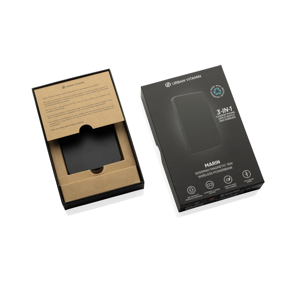 Urban Vitamin Marin Magnet-Powerbank 5.000 mAh, 15 W kabellos – mit Logo gravierbar