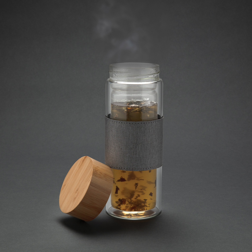 Borosilikatglasflasche Bambusdeckel doppelwandig transparent Borosilikatglasflasche Bambusdeckel doppelwandig transparent