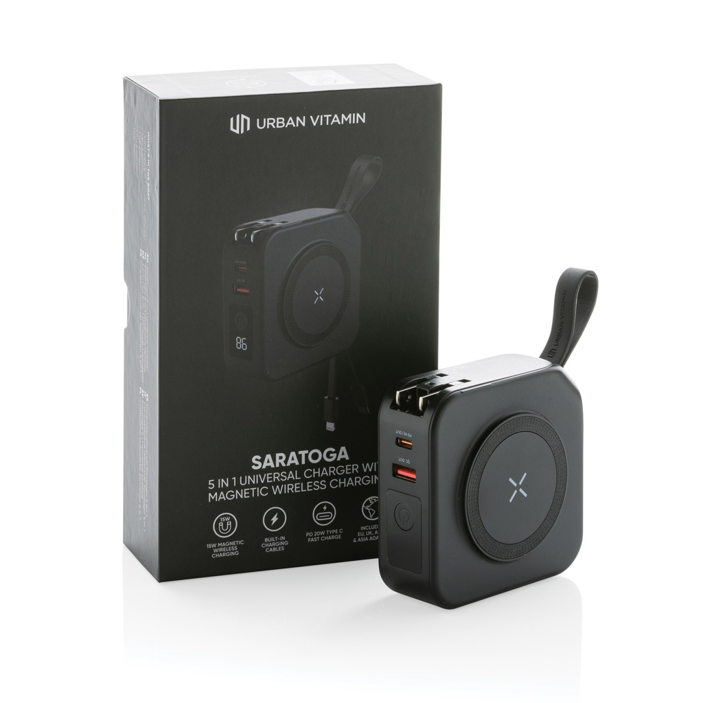 Urban Vitamin Saratoga 5-in-1 Powerbank 10.000 mAh mit Reise-Adaptern – bedruckbar Urban Vitamin Saratoga 5-in-1 Powerbank 10.000 mAh mit Reise-Adaptern – bedruckbar
