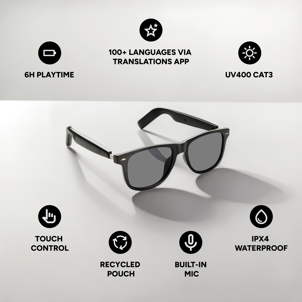 XD Collection Miro KI-Audiobrille mit Übersetzungsfunktion und UV400-Gläsern – mit Logo XD Collection Miro KI-Audiobrille mit Übersetzungsfunktion und UV400-Gläsern – mit Logo
