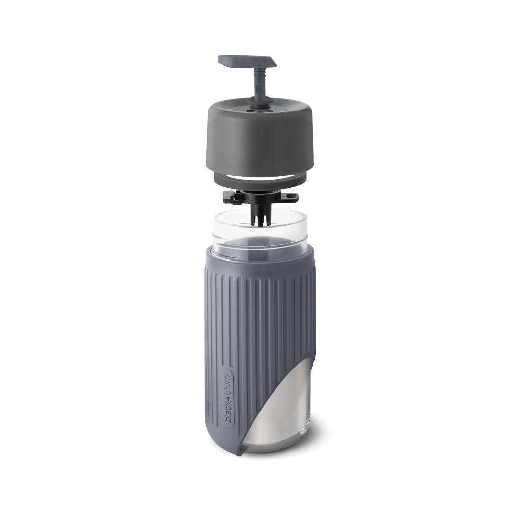 Black+Blum Glas-Reisebecher 340 ml mit Silikonhülle, bedruckbar