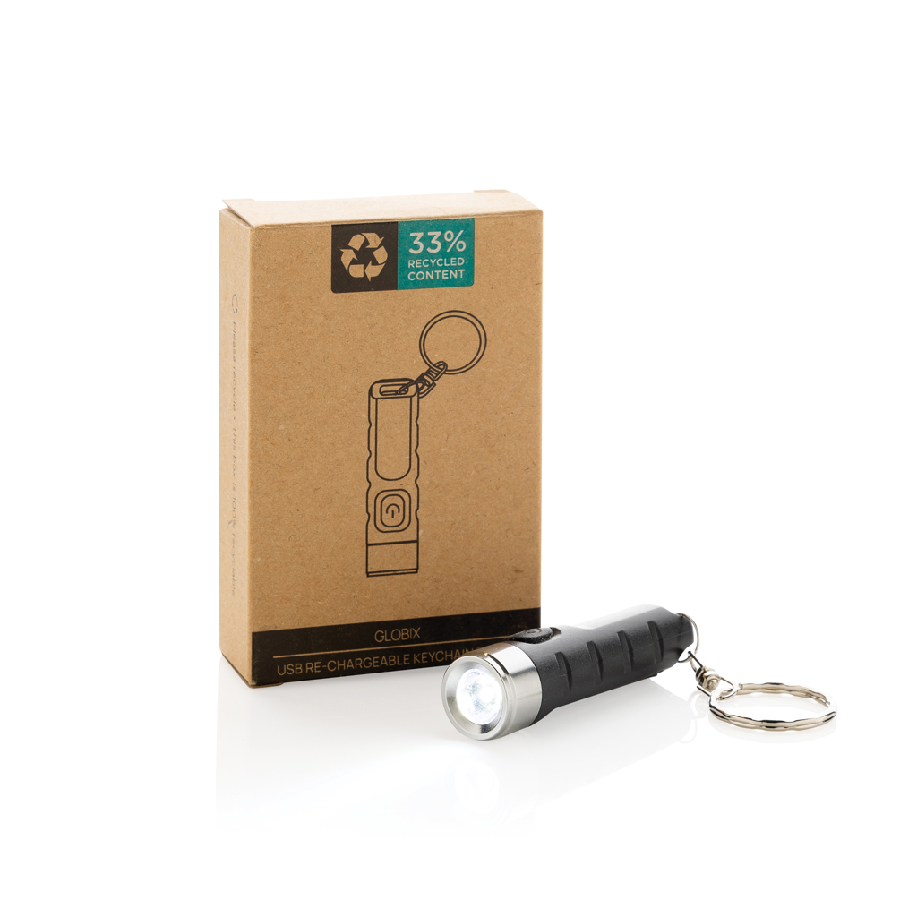 Globix USB Schlüsselanhänger-Taschenlampe aus recyceltem ABS – mit Tampondruck