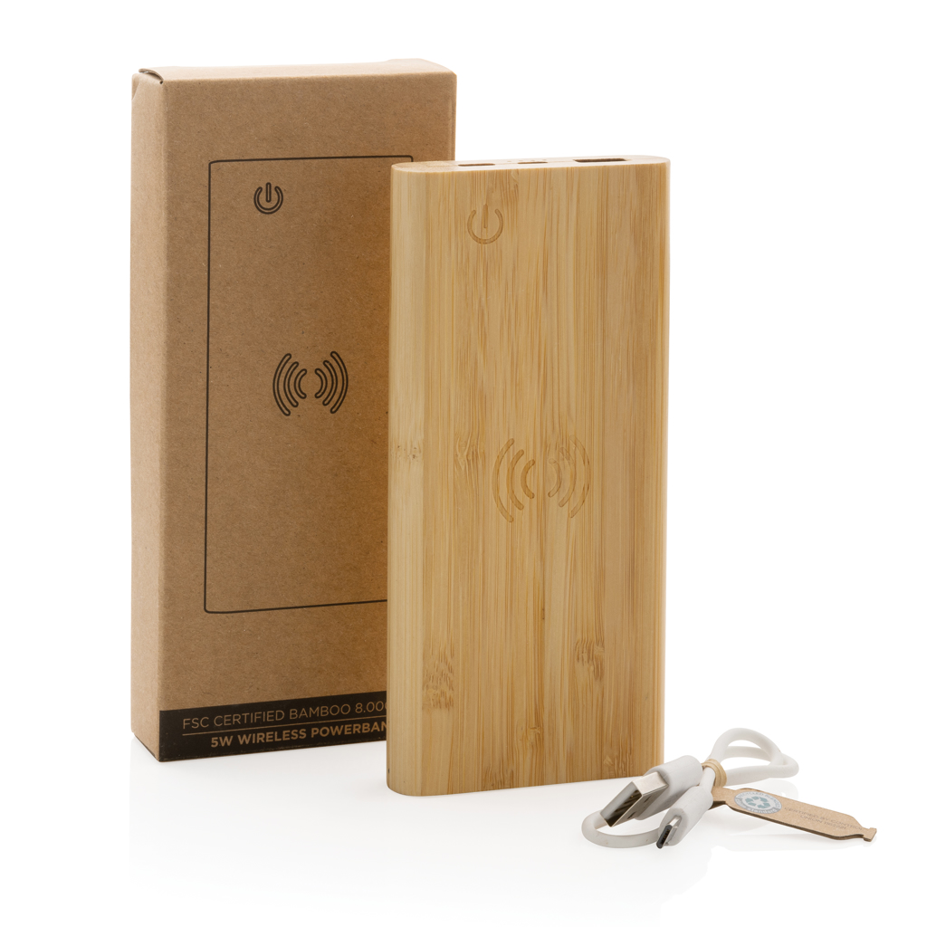 Bambus-Powerbank 8000mAh mit Wireless Charging – Stilvolles Eventgeschenk mit Logo
