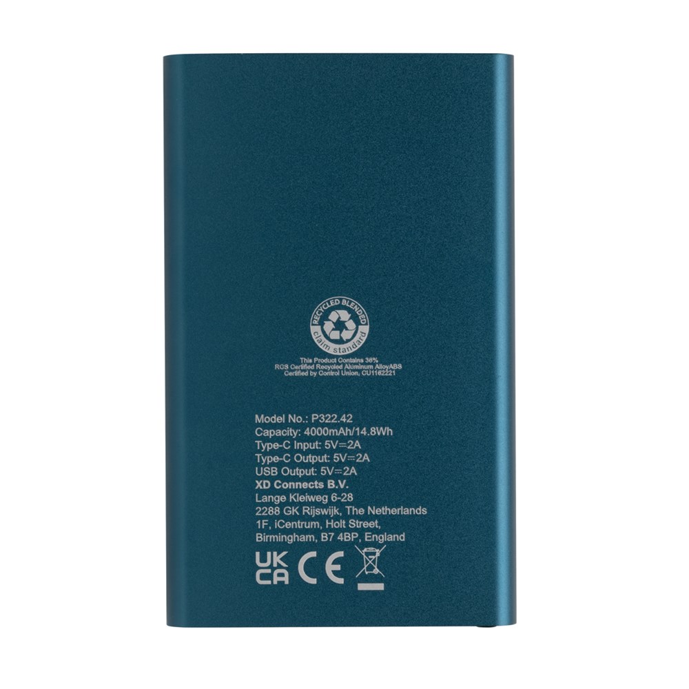 Powerbank EcoCharge 4000mAh aus recyceltem Aluminium – Elegantes Werbegeschenk mit Logo