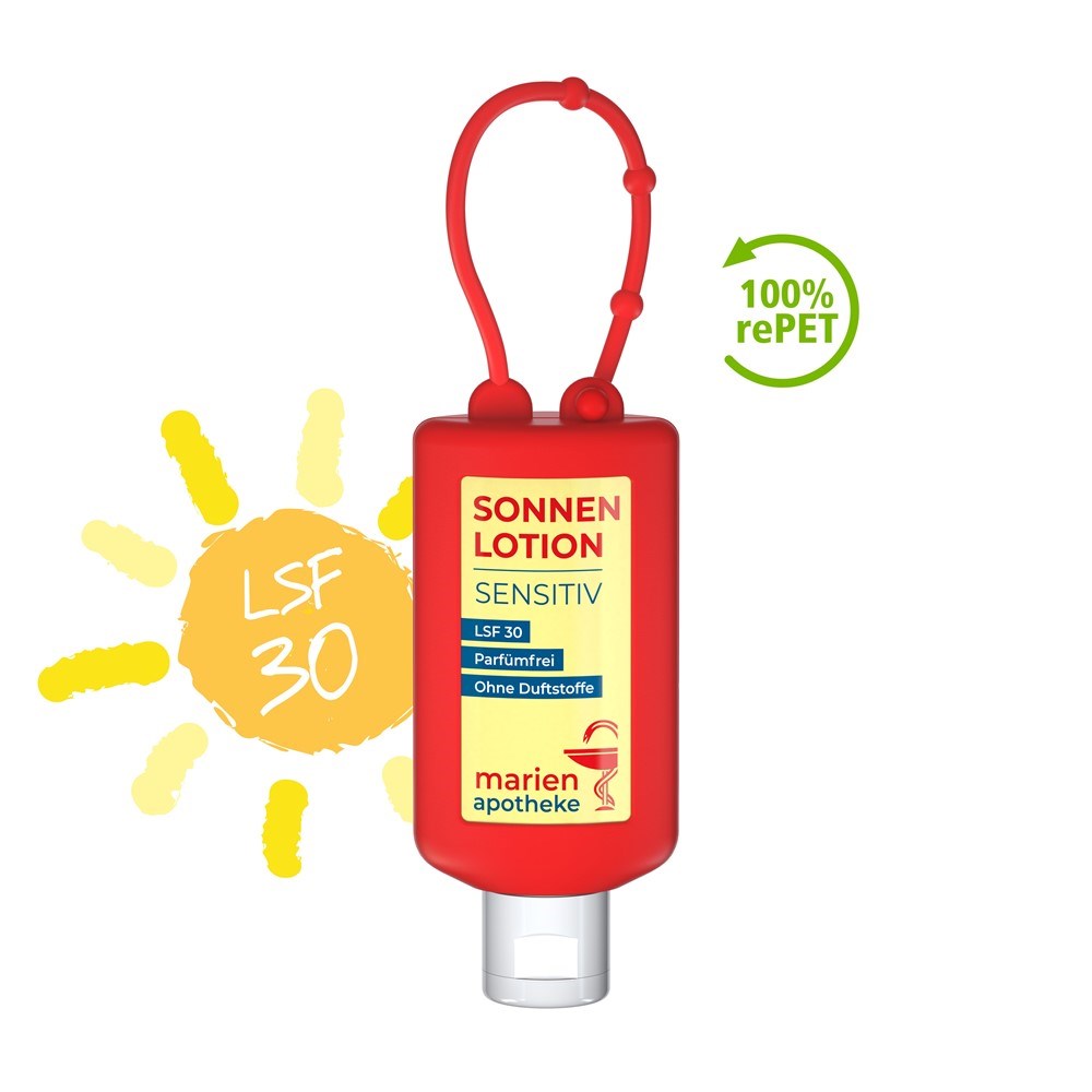 Sonnenmilch LSF 30 To-Go aus recycelten PET-Flaschen mit Logooption