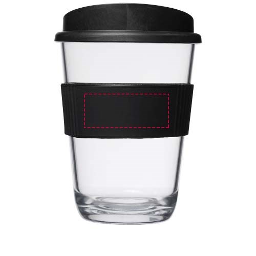 Glasartiger Werbe-Becher 300 ml mit Silikongriff und Logooption