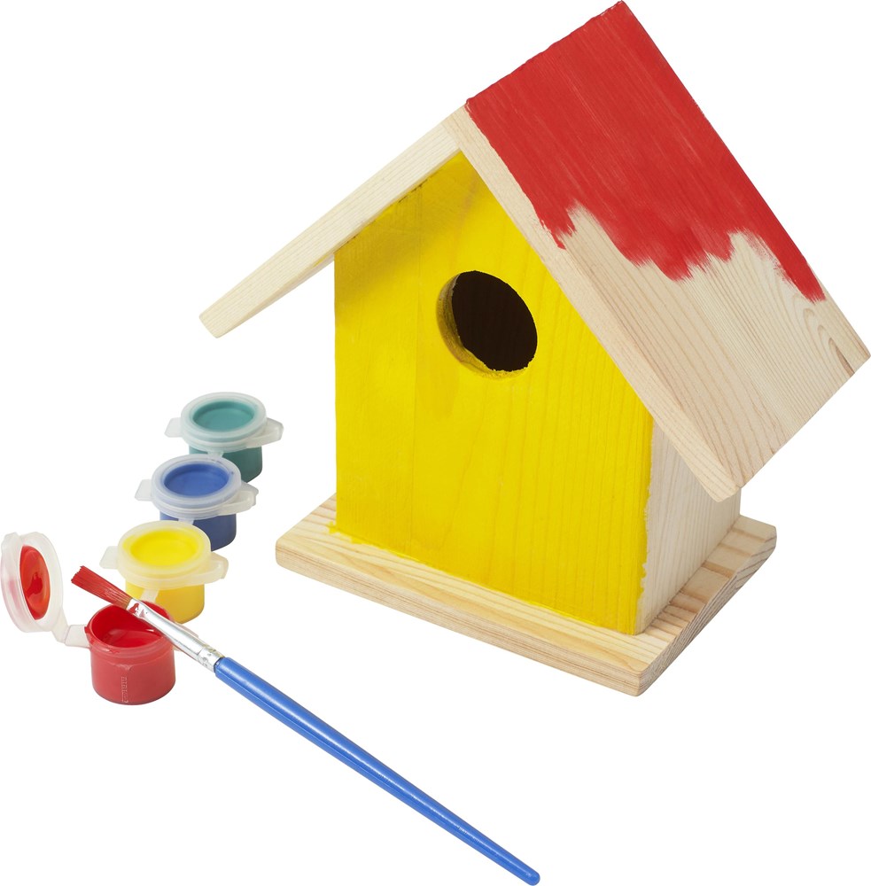 Buntes Vogelhaus 'Wesley' zum Bemalen – Kreatives Werbegeschenk mit Logo