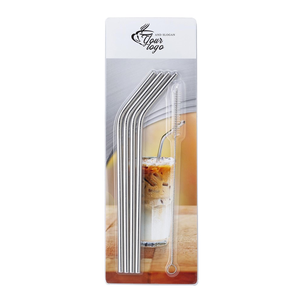 Edelstahl Strohhalme Set Rudy – 4er Pack mit Reinigungsbürste, ideal für Events & Werbegeschenke