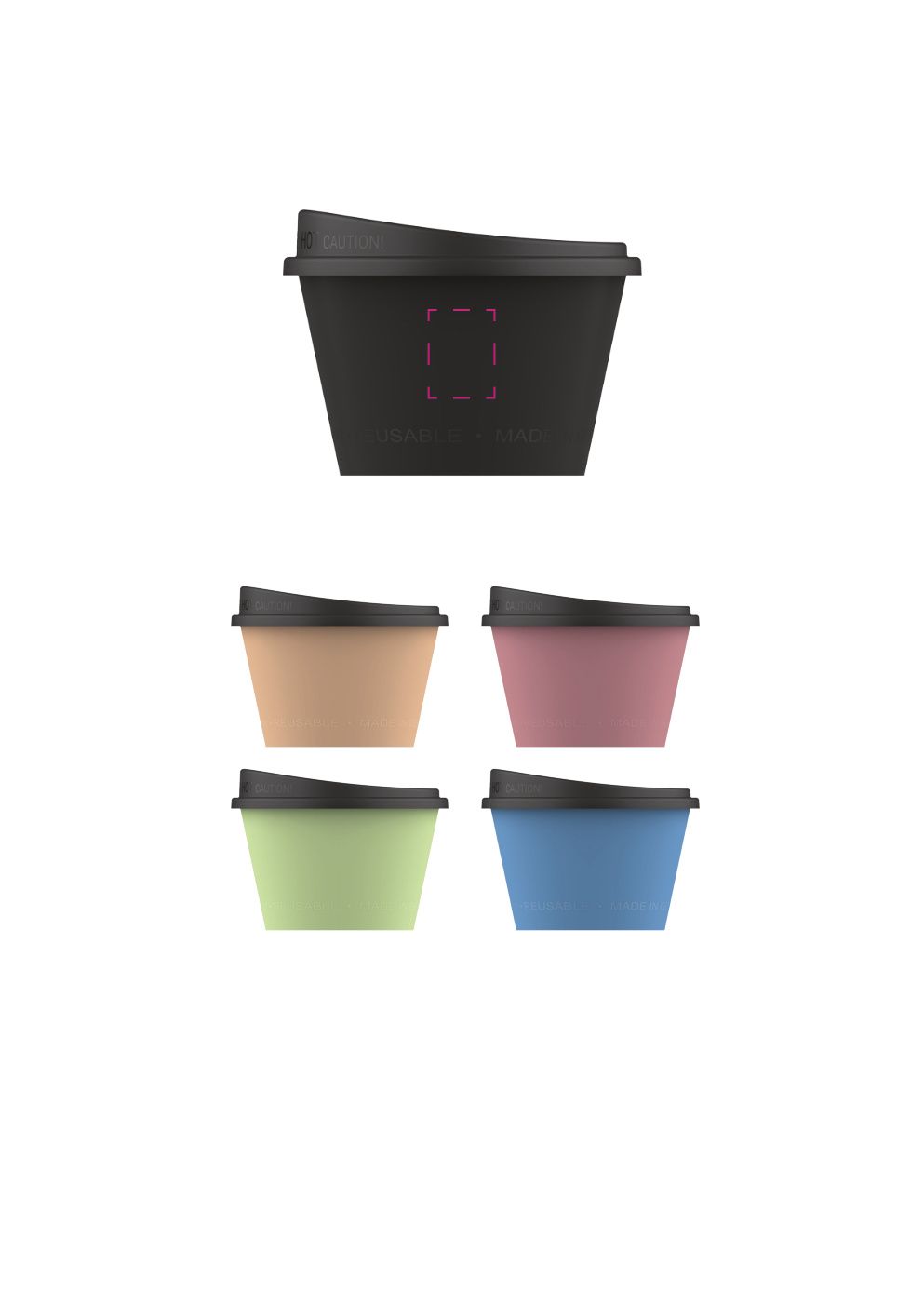 Standskizze: Druckposition „hochkant (max. 15×20 mm)“ – Kaffeebecher ToGo 0,1 l – Mehrweg aus Kunststoff, Made in Germany