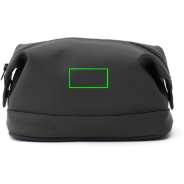Standskizze: Druckverfahren PU-Etikett Baltimore schwarz auf Position „Artikel Rückseite (max. 60 x 30 mm)“ – VINGA Baltimore Kosmetiktasche aus PU-Material, bedruckbar mit Logo