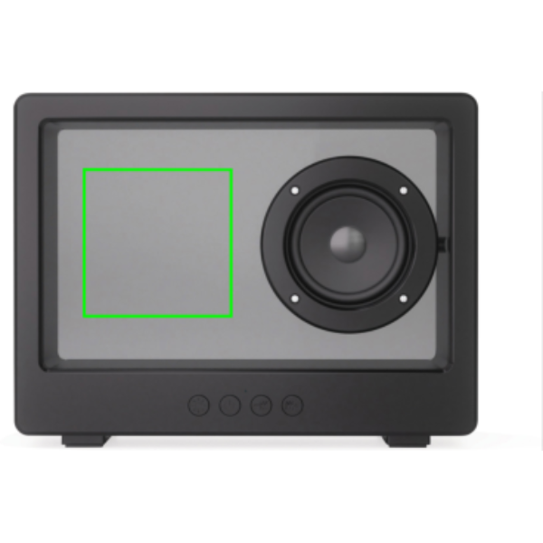 Standskizze: Druckverfahren CO2 Gravur auf Position „Artikel Rückseite (max. 80 x 80 mm)“ – XD Collection Soundclear transparenter 5W Wireless Lautsprecher mit RGB-Licht, mit Logo