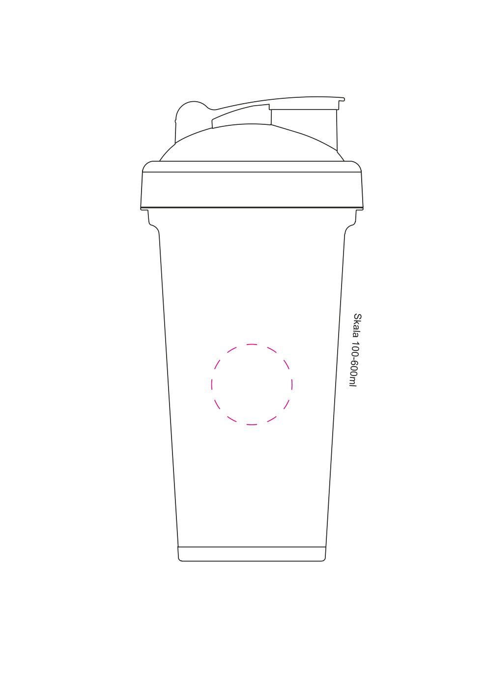Standskizze: Druckposition „zwischen den abgeflachten Segmenten (max. Ø 35 mm)“ – Shaker Protein 600 ml – mit Sieb und Skala