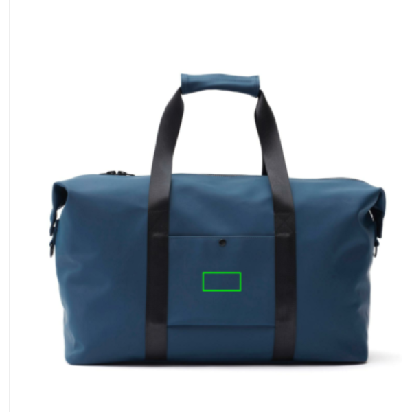 Standskizze: Druckverfahren PU-Etikett Baltimore marineblau auf Position „Artikel Rückseite“ – VINGA Baltimore Weekendbag aus Polyester mit PU-Beschichtung — bedruckbar
