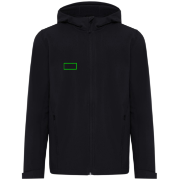 Standskizze: Druckverfahren Bedruckter Aufnäher mit Stickereikontur auf Position „Brust Vorderseite rechts“ – IQONIQ Makalu Herren-Softshelljacke aus 91 % recyceltem Polyester mit Logo