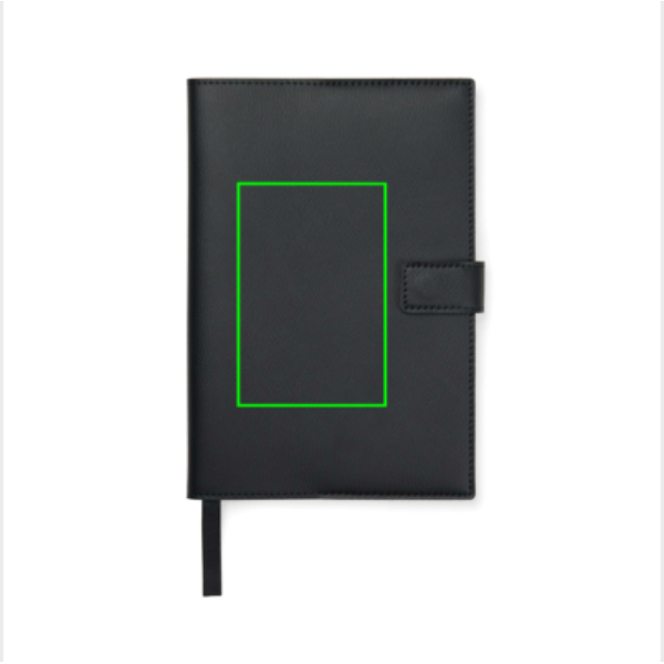 Standskizze: Druckverfahren Siebdruck Transfer auf Position „Artikel Vorderseite Mitte (max. 80 x 120 mm)“ – VINGA Timo Notizbuch A5 aus RCS-recyceltem rPET und Papier