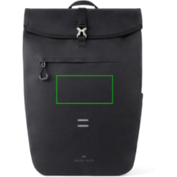 Standskizze: Druckverfahren Siebdruck Transfer auf Position „Artikel Vorderseite (max. 120 x 60 mm)“ – Nordic Drift Trail RCS Daypack 30 L – reflektierend, IPX5, mit Logodruck