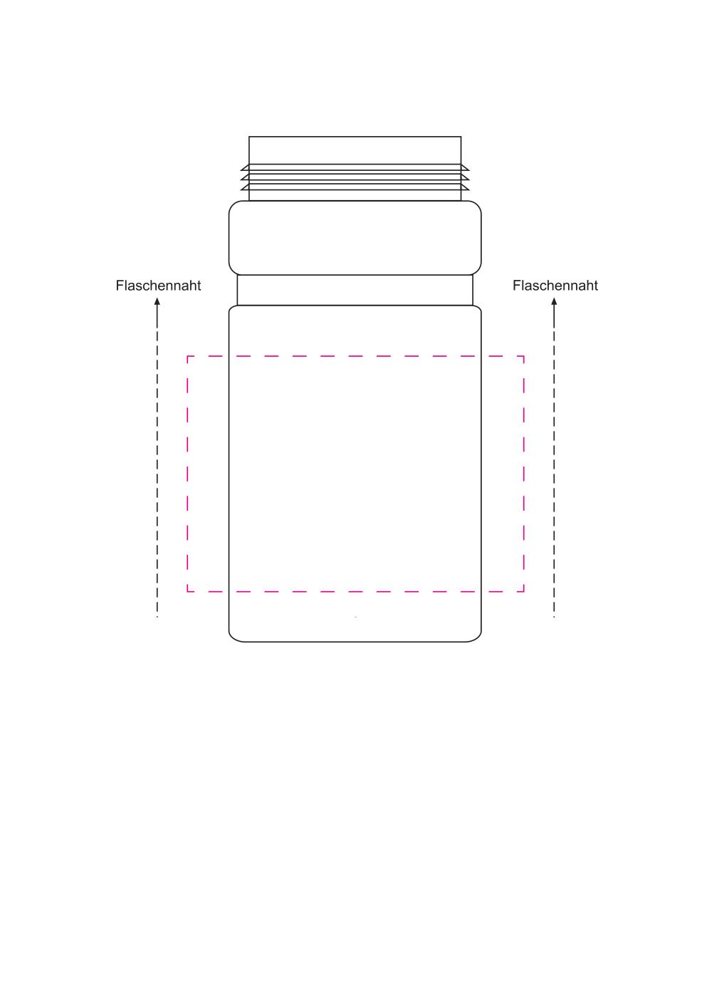 Standskizze: Druckposition „mittig zwischen Nähten (max. 100×70 mm)“ – Trinkflasche Champion 0,55 l – Kunststoff mit Dreh-Zieh-Verschluss