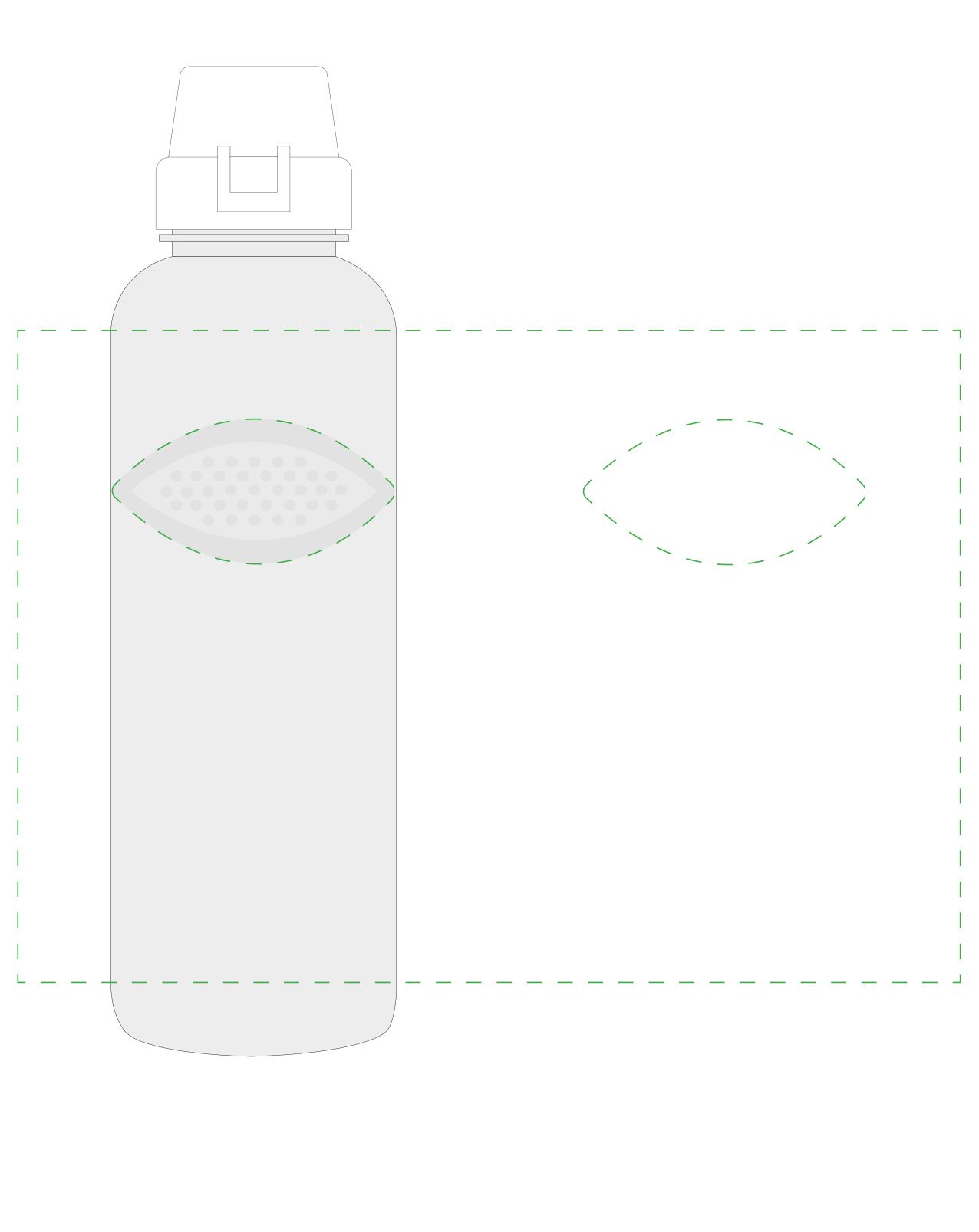 Standskizze: Druckposition „rundum, Griffmulde ausgespart (max. 260×180 mm)“ – Trinkflasche Carve School 1,0 l – Tritan mit Griffmulden