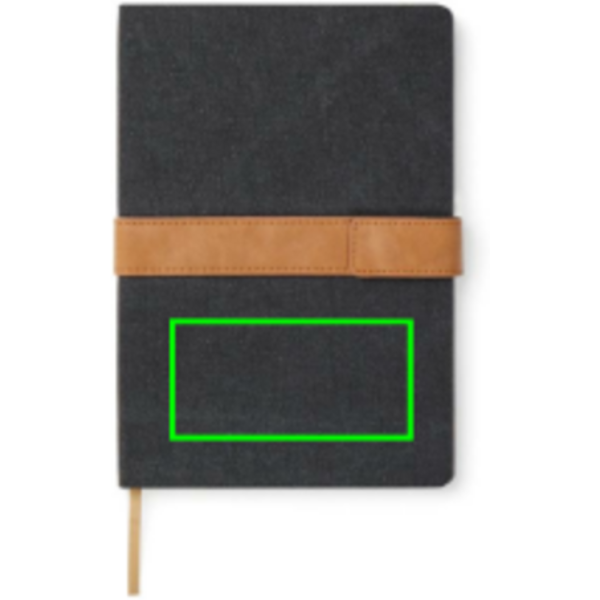Standskizze: Druckverfahren Digital Transfer auf Position „Artikel Vorderseite unten (max. 100 x 50 mm)“ – VINGA Bosler A5-Notizbuch aus RCS-recyceltem Papier, mit Logo veredelbar