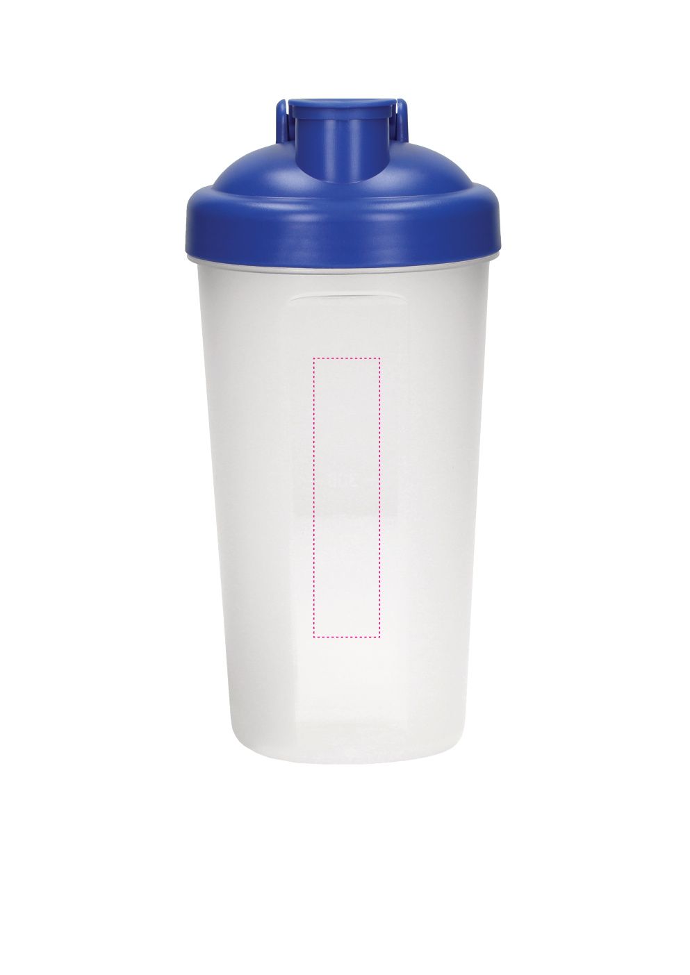 Standskizze: Druckposition „auf dem abgeflachten Segment ohne Skala (max. 20×85 mm)“ – Protein-Shaker 600 ml – transparent mit Sieb und Skala