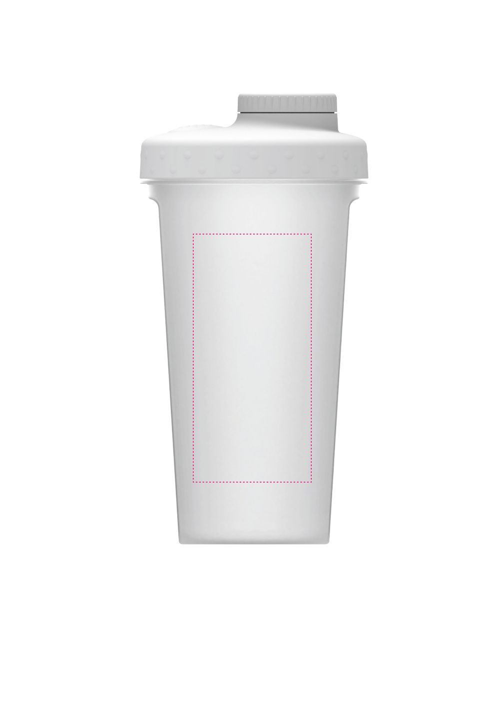 Standskizze: Druckposition „zwischen den abgeflachten Segmenten - links (max. 50×105 mm)“ – Protein-Shaker Energy 600 ml – transparent mit Sieb und Skala