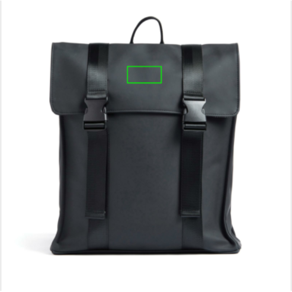 Standskizze: Druckverfahren PU-Etikett Baltimore schwarz auf Position „Artikel oben“ – VINGA Baltimore Rucksack mit 17-Zoll-Laptopfach zum Bedrucken