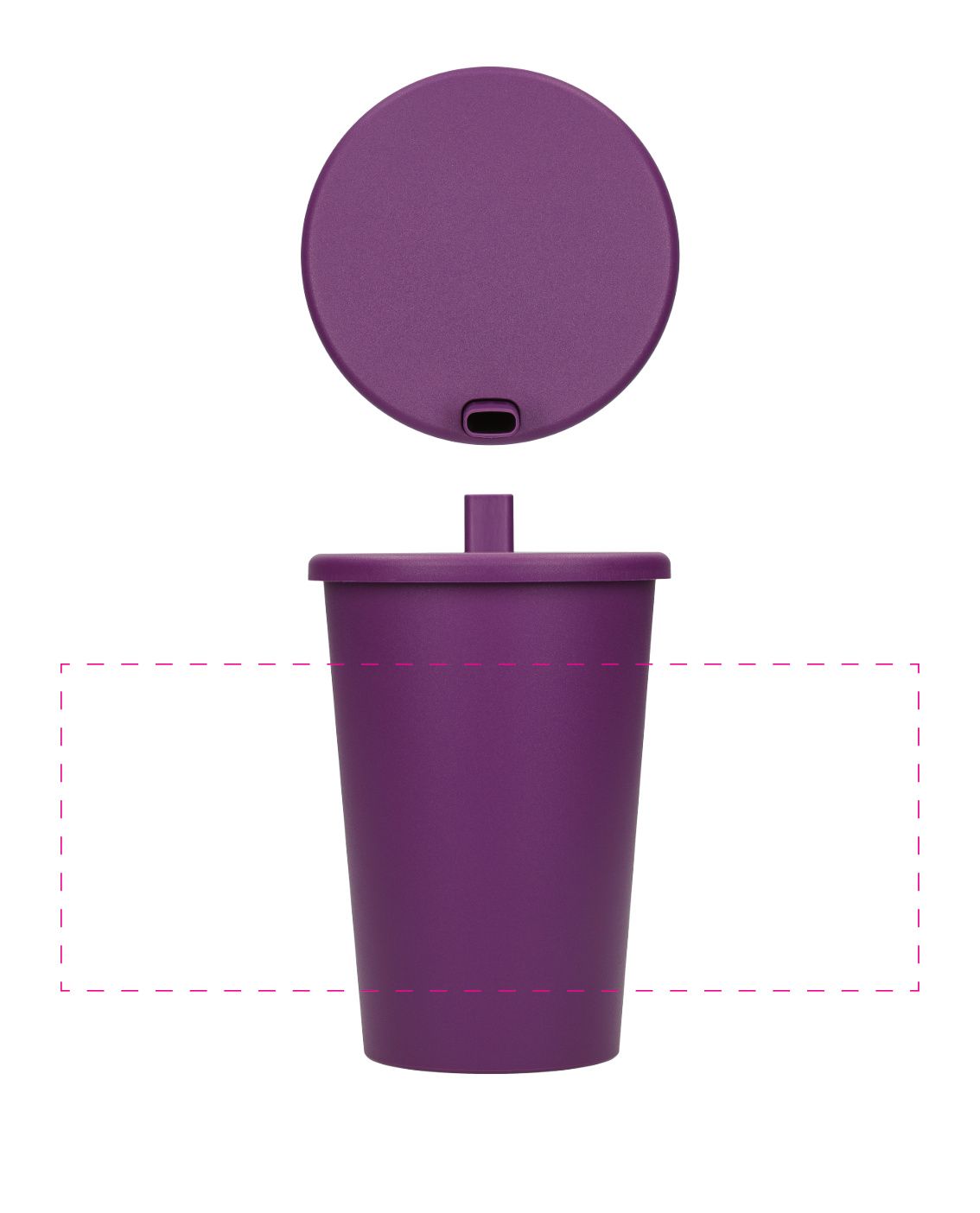 Standskizze: Druckposition „mittig (max. 210×80 mm)“ – Trinkbecher Splash 370 ml – mit Strohhalm und Teesieb, Made in Germany