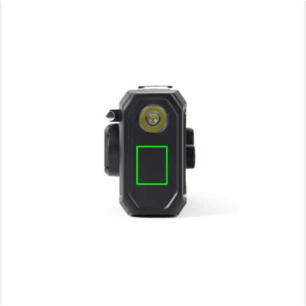 Standskizze: Druckverfahren Tampondruck auf Position „Artikelseite links (max. 20 x 25 mm)“ – Nordic Drift Titan Notfallradio IPX4 mit Handkurbel, Solarpanel und 4000-mAh-Powerbank – mit Logo bedruckbar