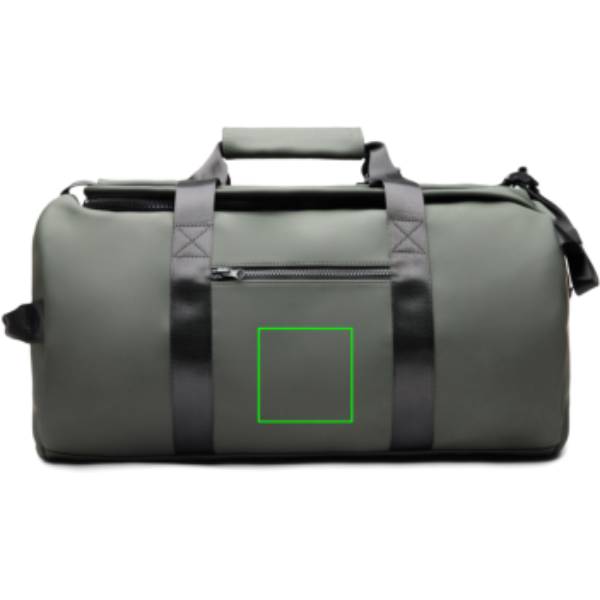 Standskizze: Druckverfahren PU-Etikett Baltimore grün auf Position „Artikel Vorderseite“ – VINGA Baltimore RCS Wochenend-Rucksack aus recyceltem Polyester