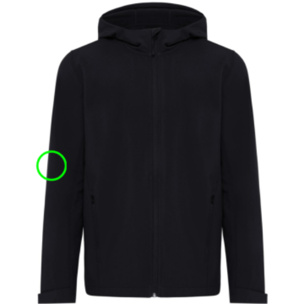 Standskizze: Druckverfahren Bestickung auf Position „Ärmel rechts“ – IQONIQ Makalu Herren-Softshelljacke aus 91 % recyceltem Polyester mit Logo