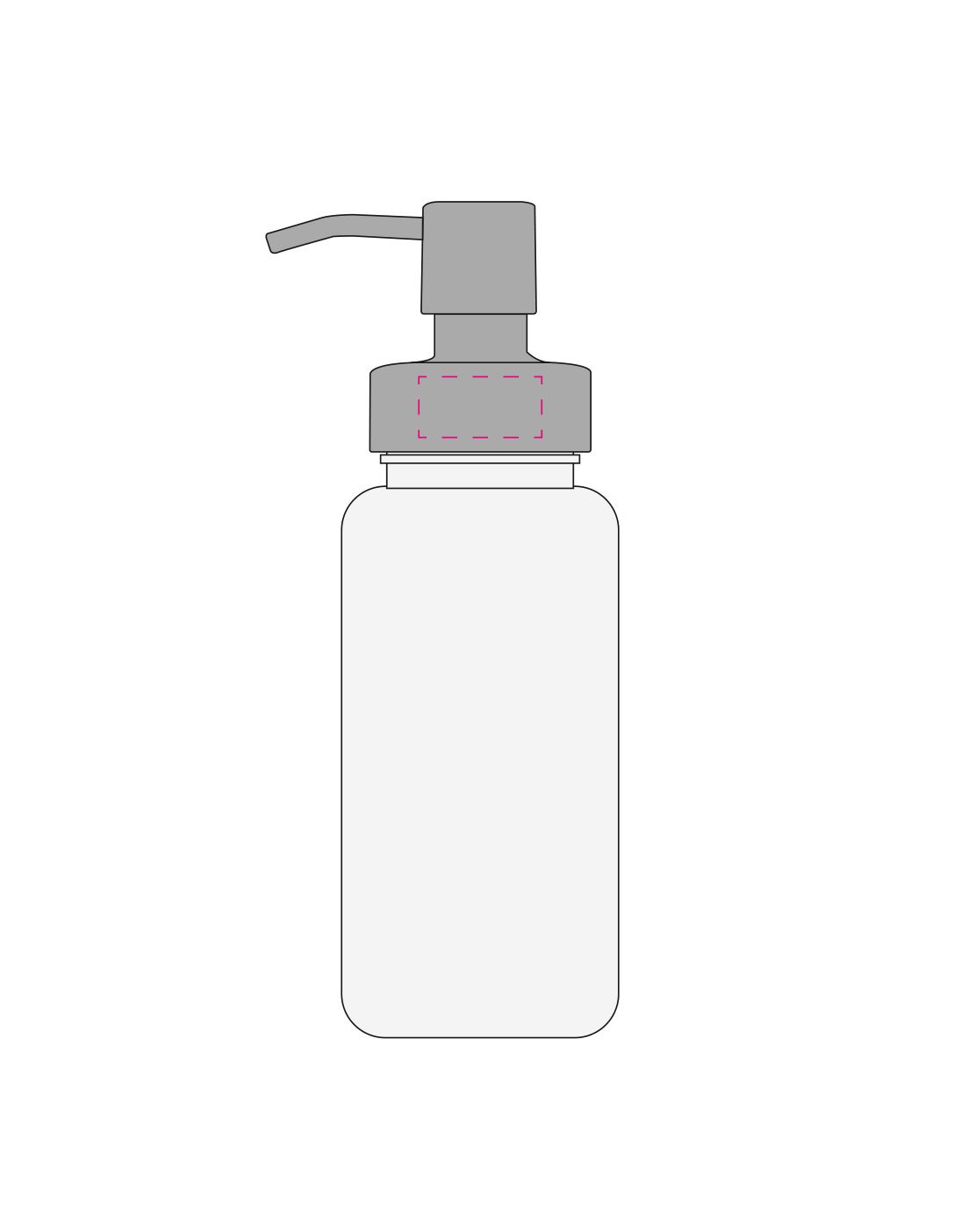 Standskizze: Druckposition „seitlich auf Schraubverschluss (max. 30×15 mm)“ – Seifenspender Superior 400 ml – Tritan-Gefäß mit Edelstahl-Pumpe