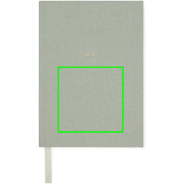 Standskizze: Druckverfahren Digital Transfer auf Position „Artikel Vorderseite unten (max. 100 x 100 mm)“ – VINGA Mind Notizbuch A5 mit 73 % GRS-Recyclingpapier, bedruckbar