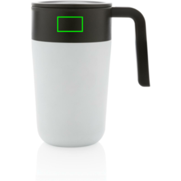 Standskizze: Druckverfahren Tampondruck auf Position „Artikel Vorderseite oben (max. 25 x 15 mm)“ – XD Collection GRS recycelter PP-Becher mit Griff 480 ml, Edelstahl, BPA-frei