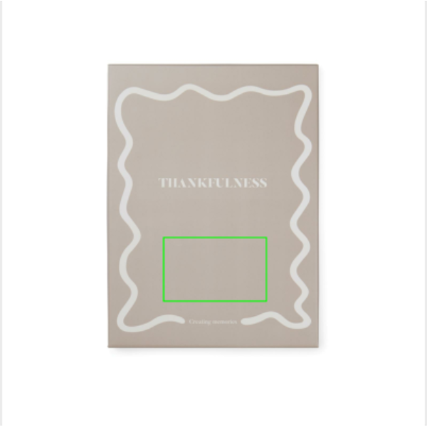 Standskizze: Druckverfahren Heißprägung auf Position „Box“ – VINGA Thankfulness Dankbarkeitstagebuch A5 mit Stoffeinband, GRS-Recyclingpapier